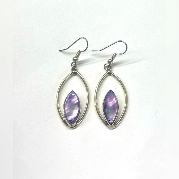 Vintage Taxco Mexican Alpaca Purple Abalone Teardrop Earrings - Picture 1 of 4